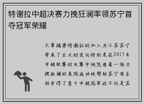 特谢拉中超决赛力挽狂澜率领苏宁首夺冠军荣耀 特谢拉中超决赛力挽狂澜率领苏宁首夺冠军荣耀